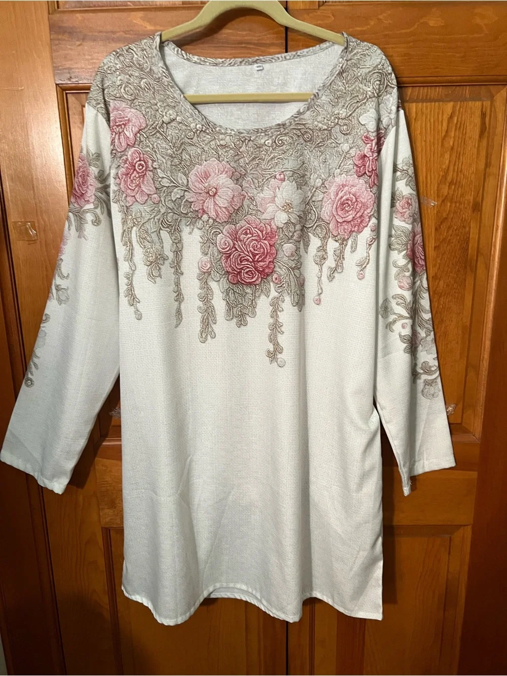 Women's White Tunic with Pink Floral Embroidery